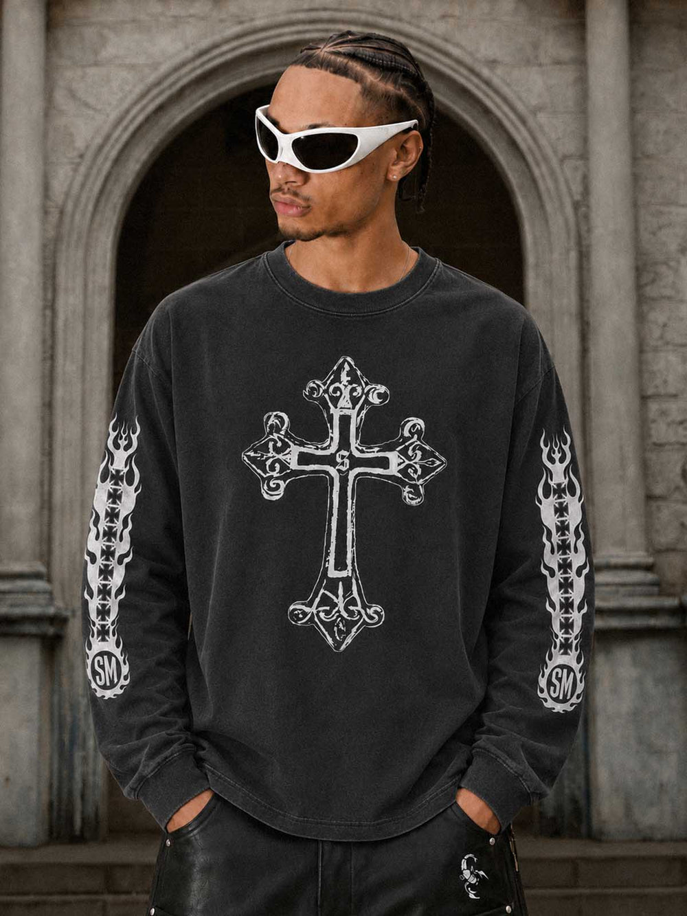 Cross Flame Graphic Distressed Long Sleeve Tee