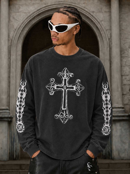 Cross Flame Graphic Distressed Long Sleeve Tee