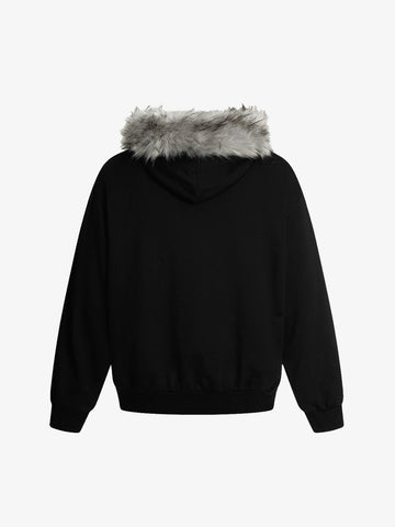 Detachable Fur Collar Printed Cardigan Half-Zip Hoodie 