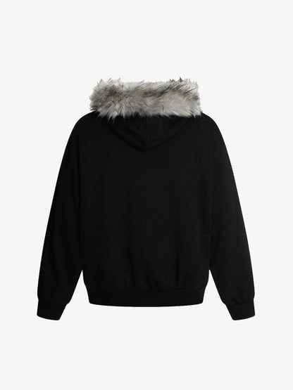 Thesupermade Detachable Fur Collar Half-zip Printed Hooded Cardigan Sweatshirt 