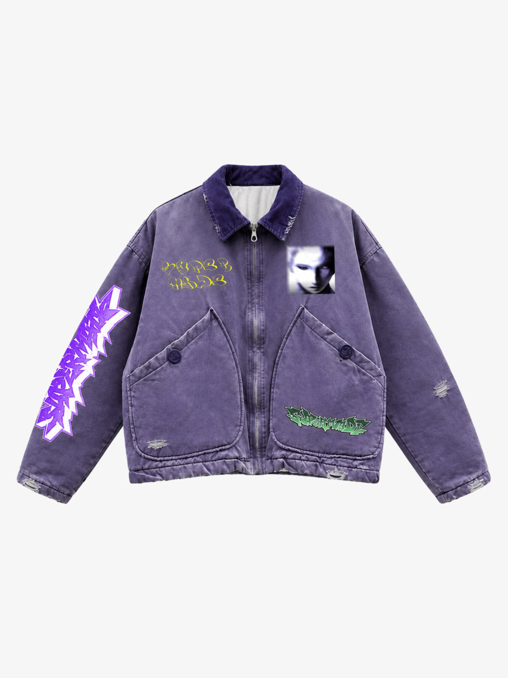 Washed Graphic Multi-Pocket Boxy Padded Jacket