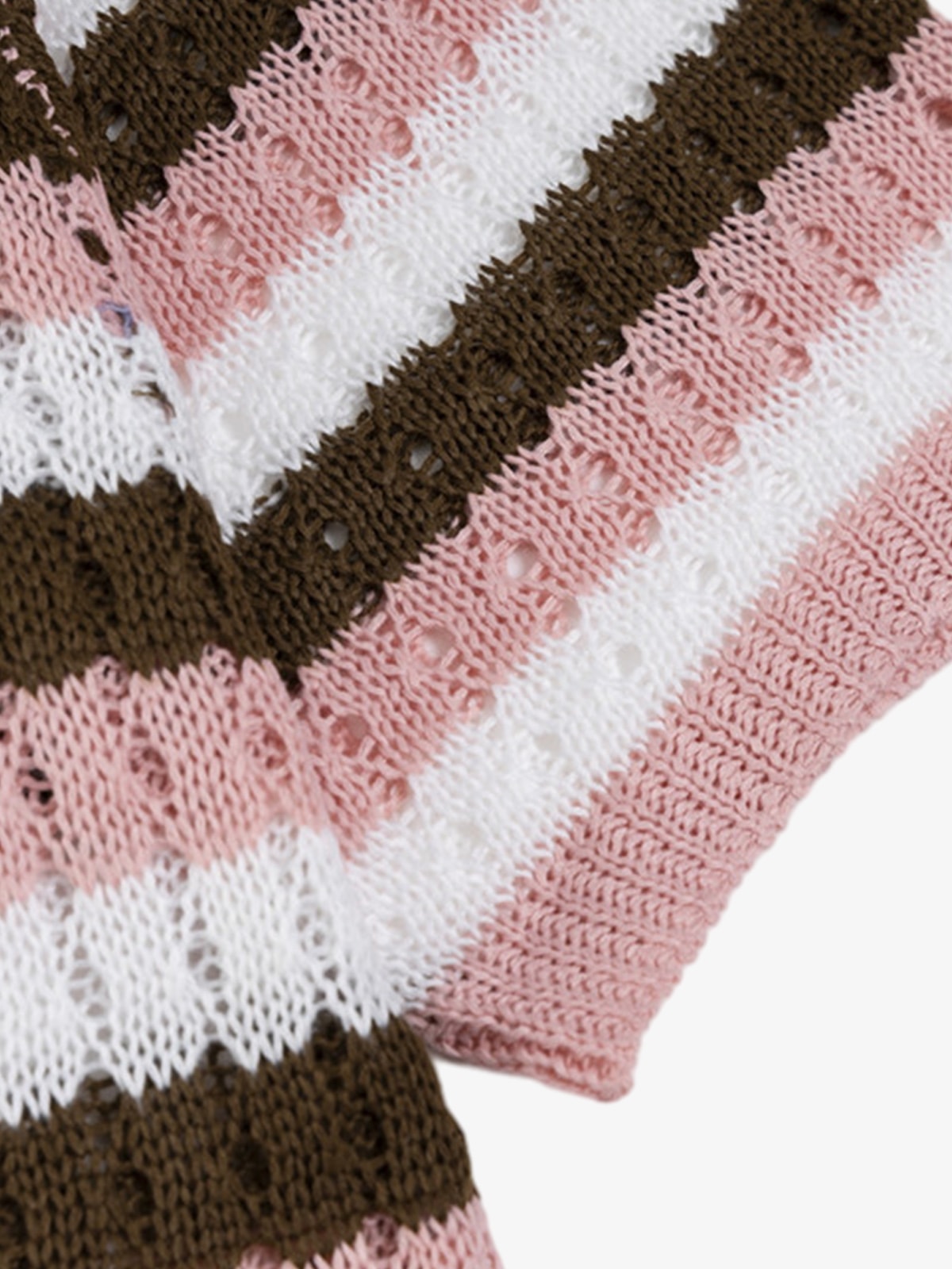 Contrast Striped Crochet Openwork Knit Short-sleeved T-shirt 