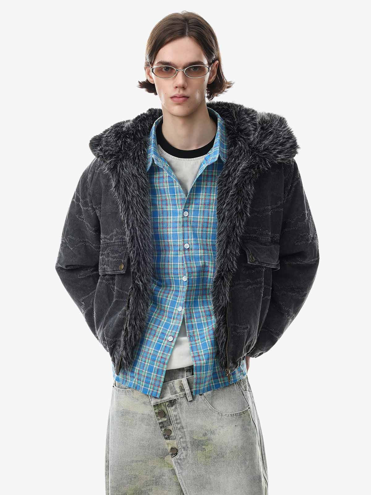 Distressed Faux-Fur Trim Hooded Utility Coat