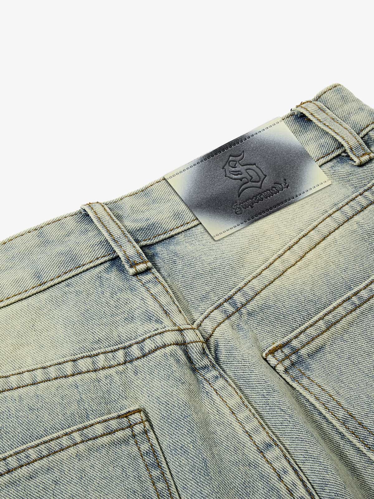 Denim Wide Leg Pants with Distressed Wash and Metal Studs 