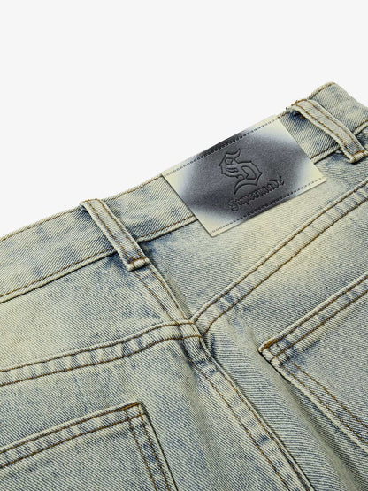 Denim Wide Leg Pants with Distressed Wash and Metal Studs 