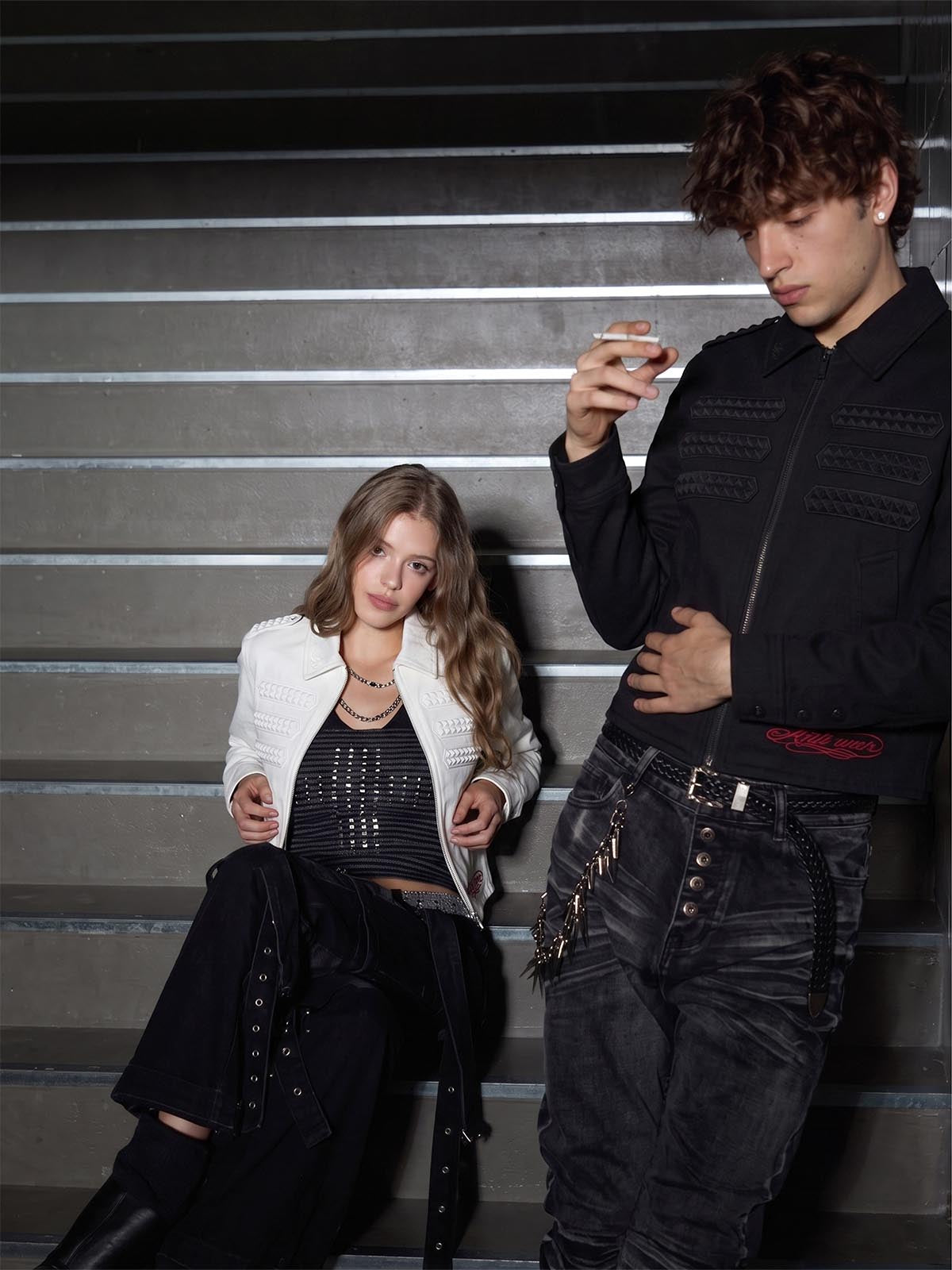 Embossed Stud Patch Cropped Napoleon Jacket
