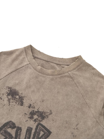 Thesupermade Contrast Color Stitching Sleeves-washed And Distressed Printed T-shirt 