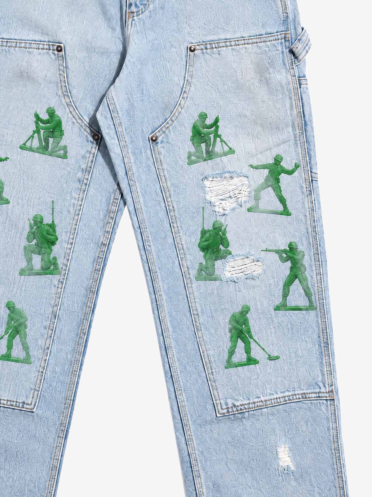 Action Figure Graphic Distressed Straight-Leg Utility Pants; Denim Blue / S, Denim Blue / M, Denim Blue / L, Denim Blue / XL, Denim Blue / 2XL