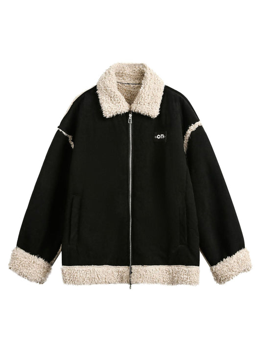 Fur Collar Zip Up Sherpa-Lined Jacket 