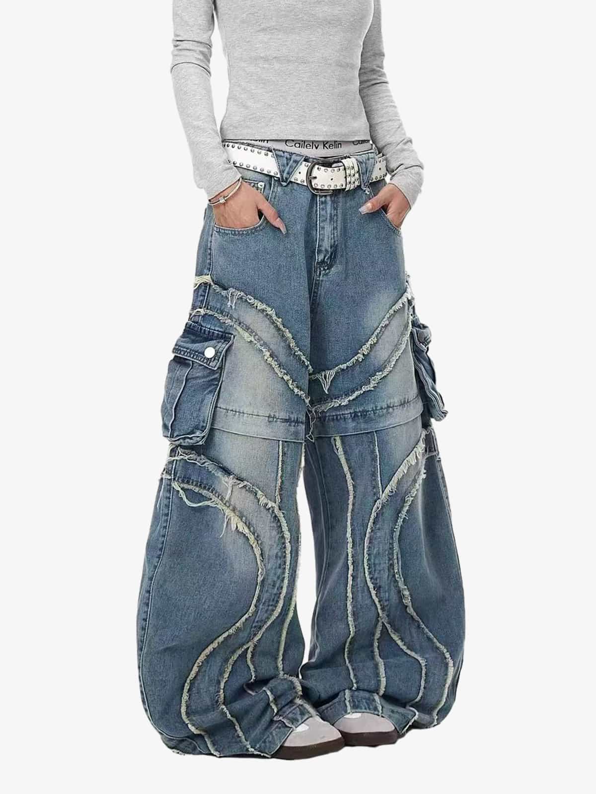 Retro Patchwork Frayed-Edge Heavy-Duty Jeans 