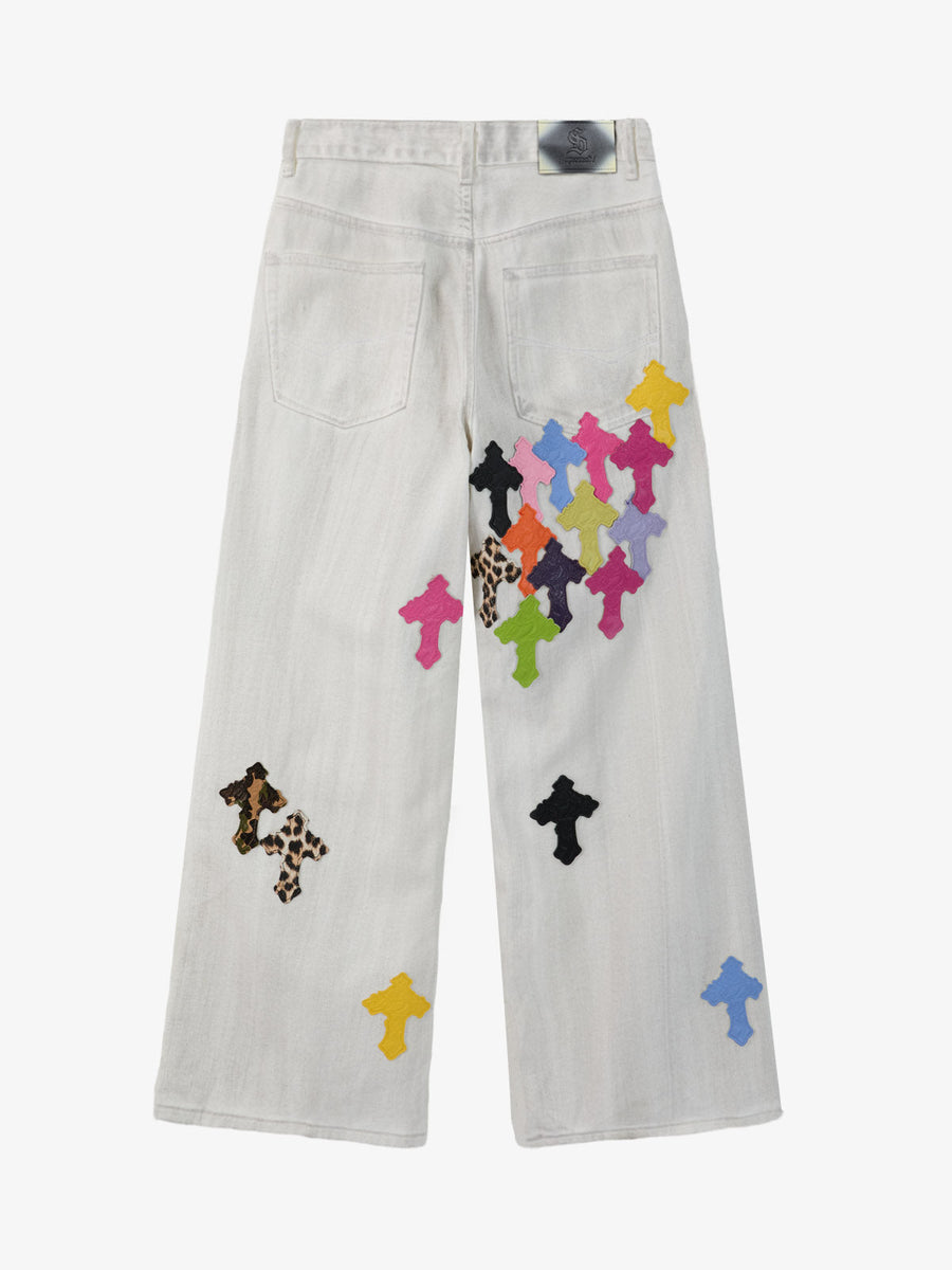 Colorful Cross Patch Straight Leg with Detachable Chain Jeans 