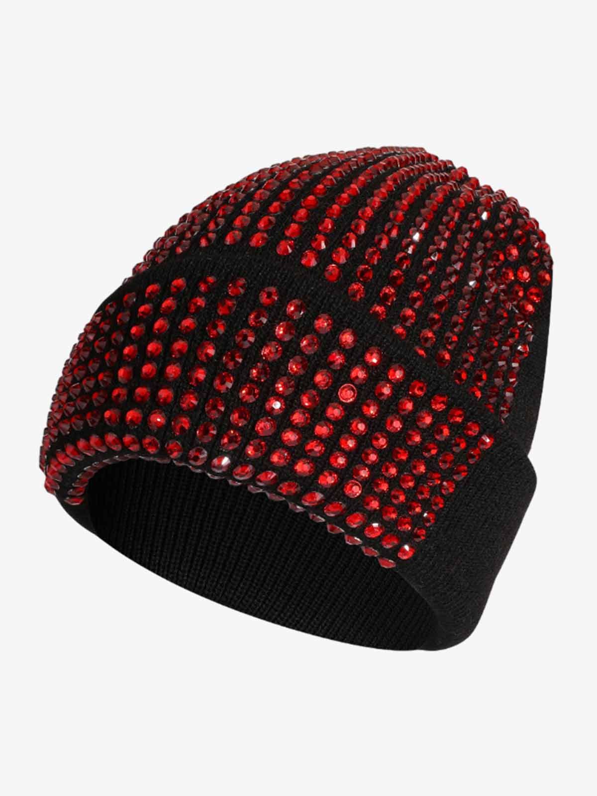 Rhinestone Embellished Ribbed Knit Beanie Hat 
