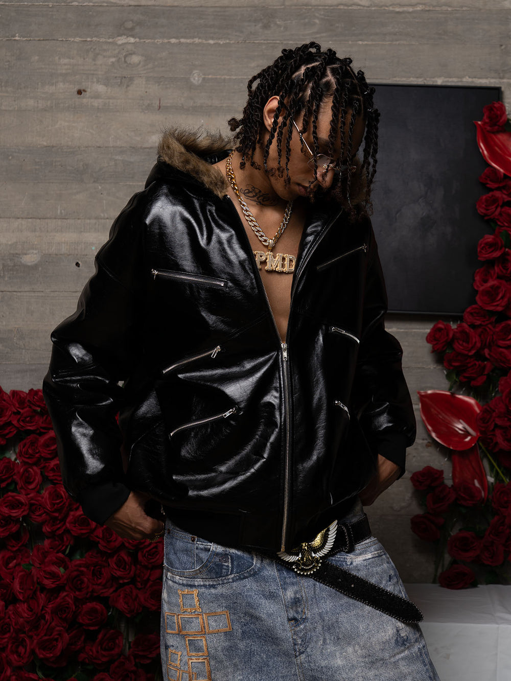 Multi-Zip Fur Hooded Leather Jacket 