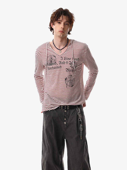 Graphic Print and V-Neck Striped Long Sleeve Hooded T-Shirt
