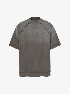 Faux Suede Oversized Short Sleeve T-Shirt with Ribbed Trim and Panel Design 