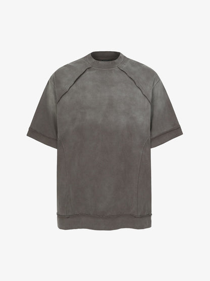 Faux Suede Oversized Short Sleeve T-Shirt with Ribbed Trim and Panel Design 