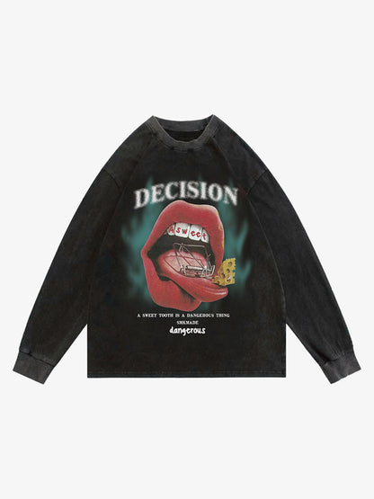 Graphic Creative Lip Print Washed Sweatshirt 