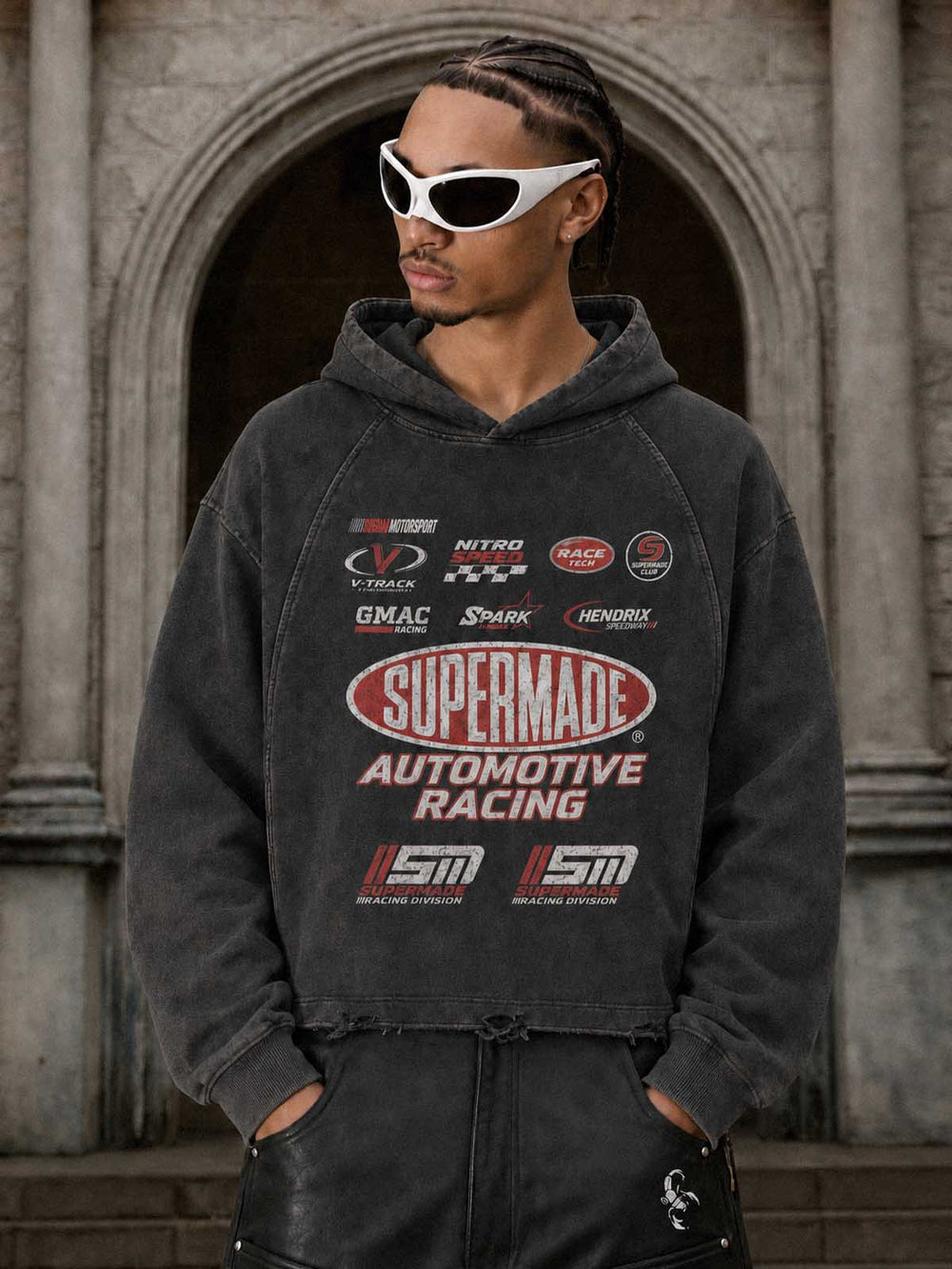 Racing Graphic Acid-Wash Distressed Cropped Hoodie