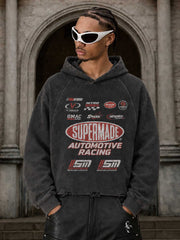 Racing Graphic Acid-Wash Distressed Cropped Hoodie