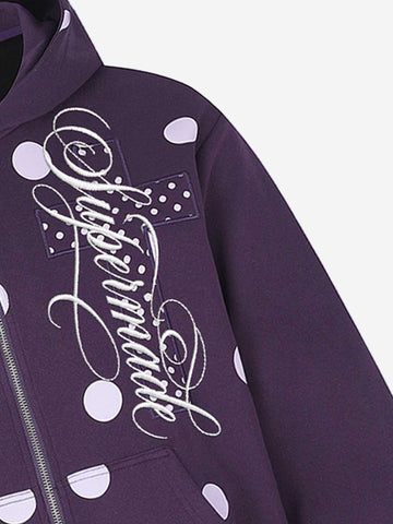 Polka Dot Logo Embroidered Cross Appliqué Zip Hoodie