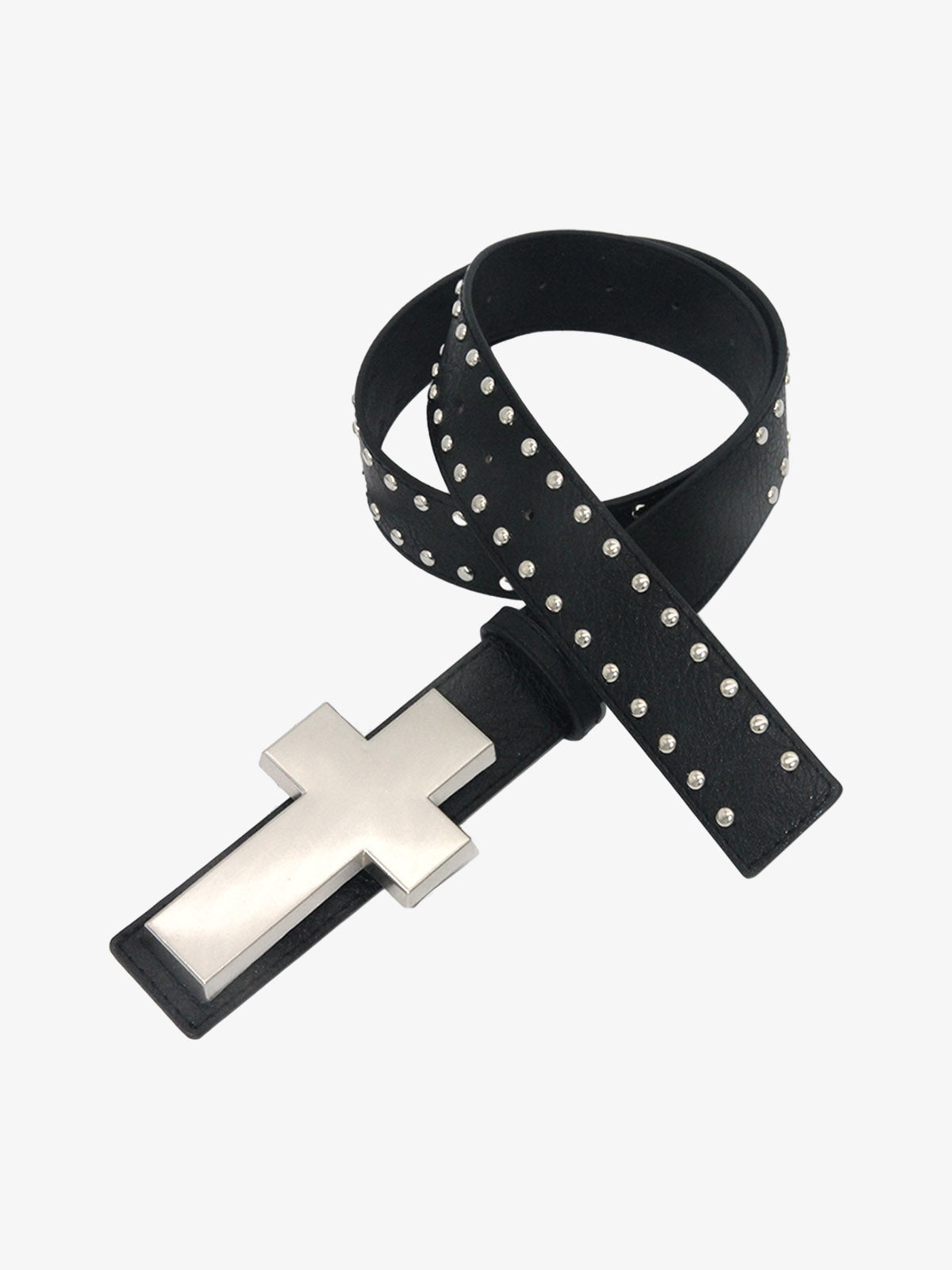 Cross Buckle Studded Black Leather Belt 