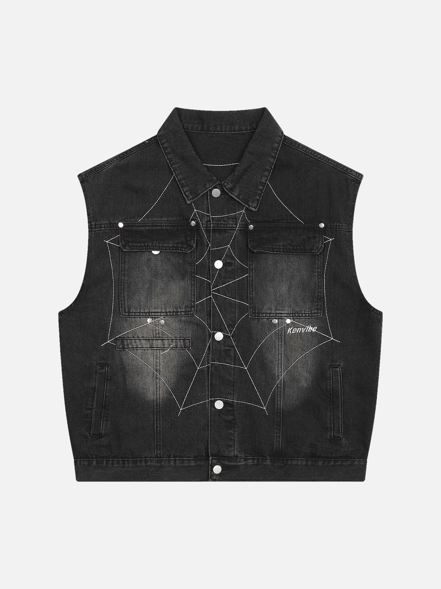 Thesupermade Dark Spider Web Letter Embroidered Denim Vest Jacket