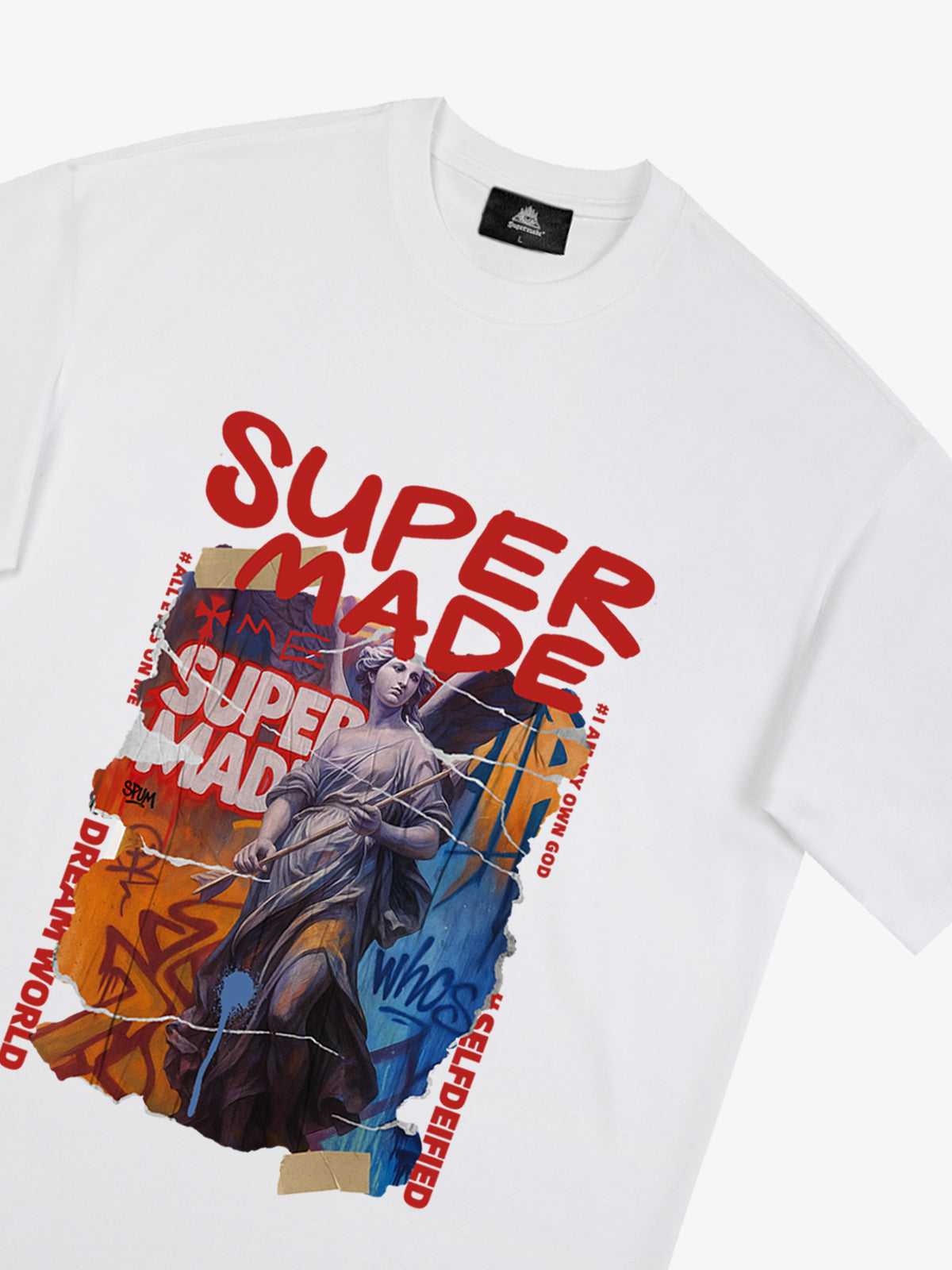 Cotton Blend SUPERMADE Sculpture Sraffiti Sticker Pattern T-Shirt 