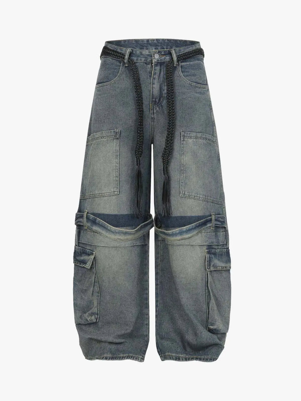 Braided Drawstring Waist Patchwork Cargo Jeans 