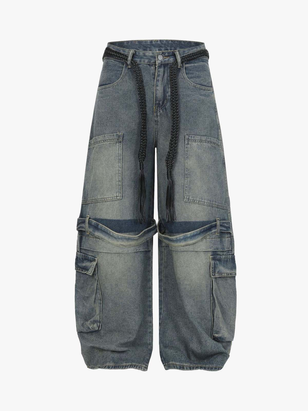 Braided Drawstring Waist Patchwork Cargo Jeans