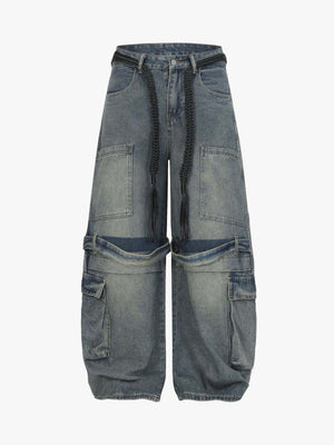 Braided Drawstring Waist Patchwork Cargo Jeans