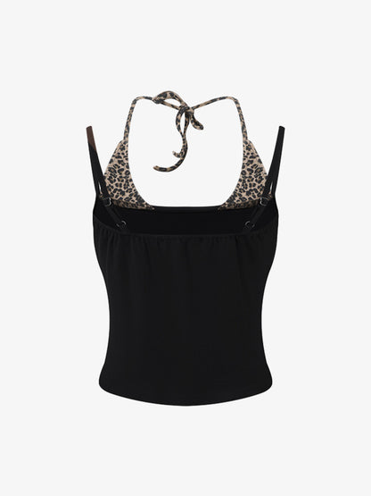 Leopard Print Halter Crop Top – Stretch Cotton with Gold Stud Detail