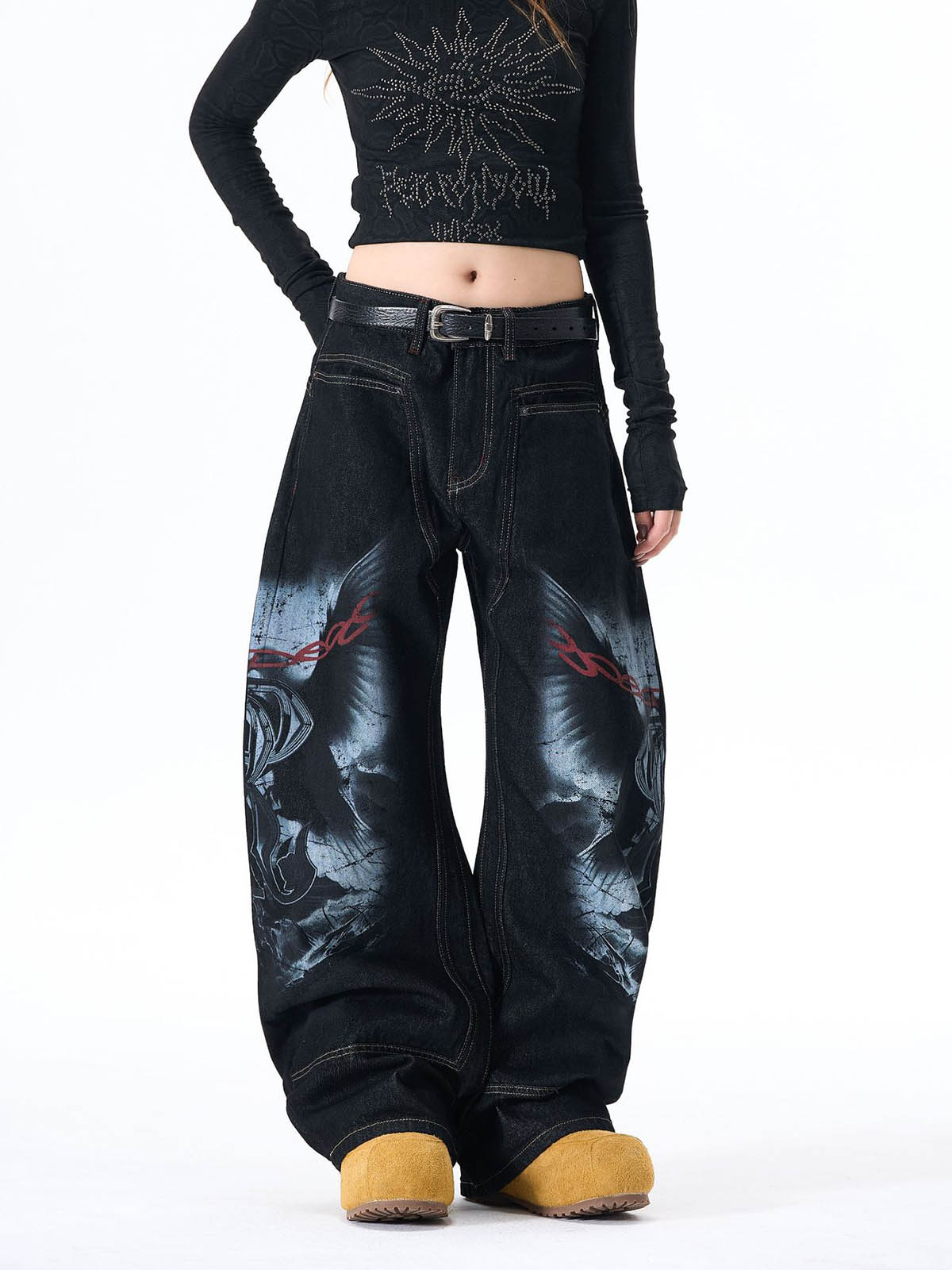 Dark Gothic Graphic Wide-Leg Jeans 