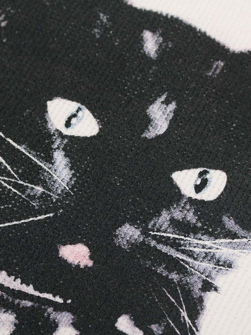 Vintage Black Cat Studded Collar T-Shirt 