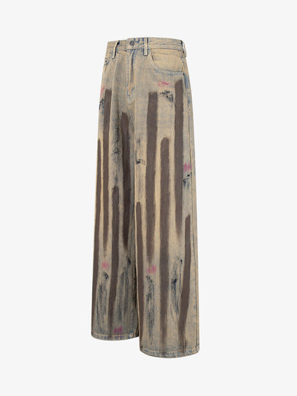 Retro Washed Brushstroke Wide-Leg Jeans 