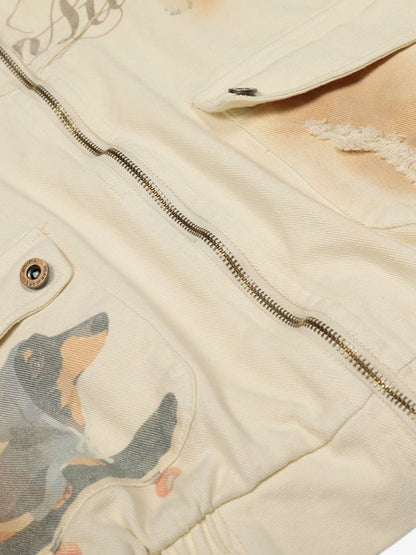 Distressed Graphic Jacket with Unique Dog Illustrations 
