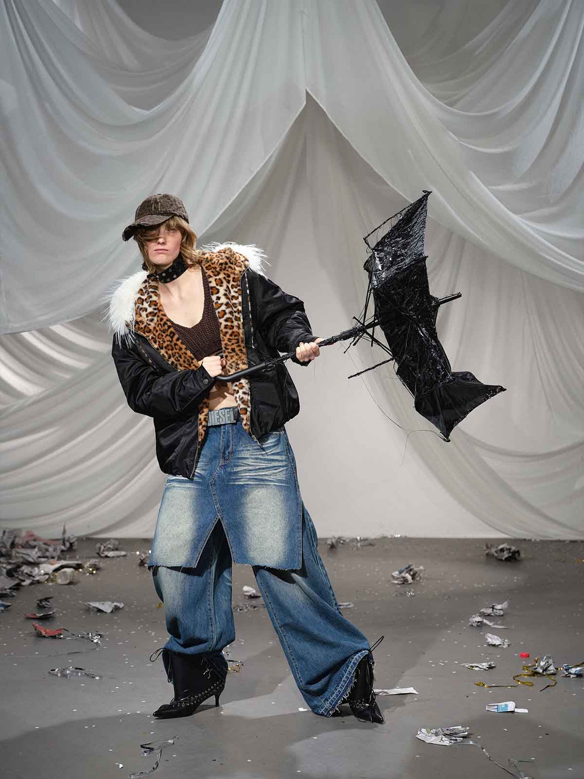 Retro Fur Collar Ruched Leopard Lining Bomber Jacket 