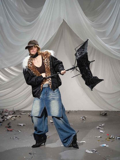 Retro Fur Collar Ruched Leopard Lining Bomber Jacket 