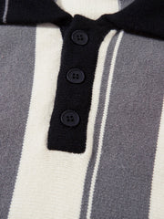 Retro Striped Polo Collar Sports Jersey Knit Sweater 