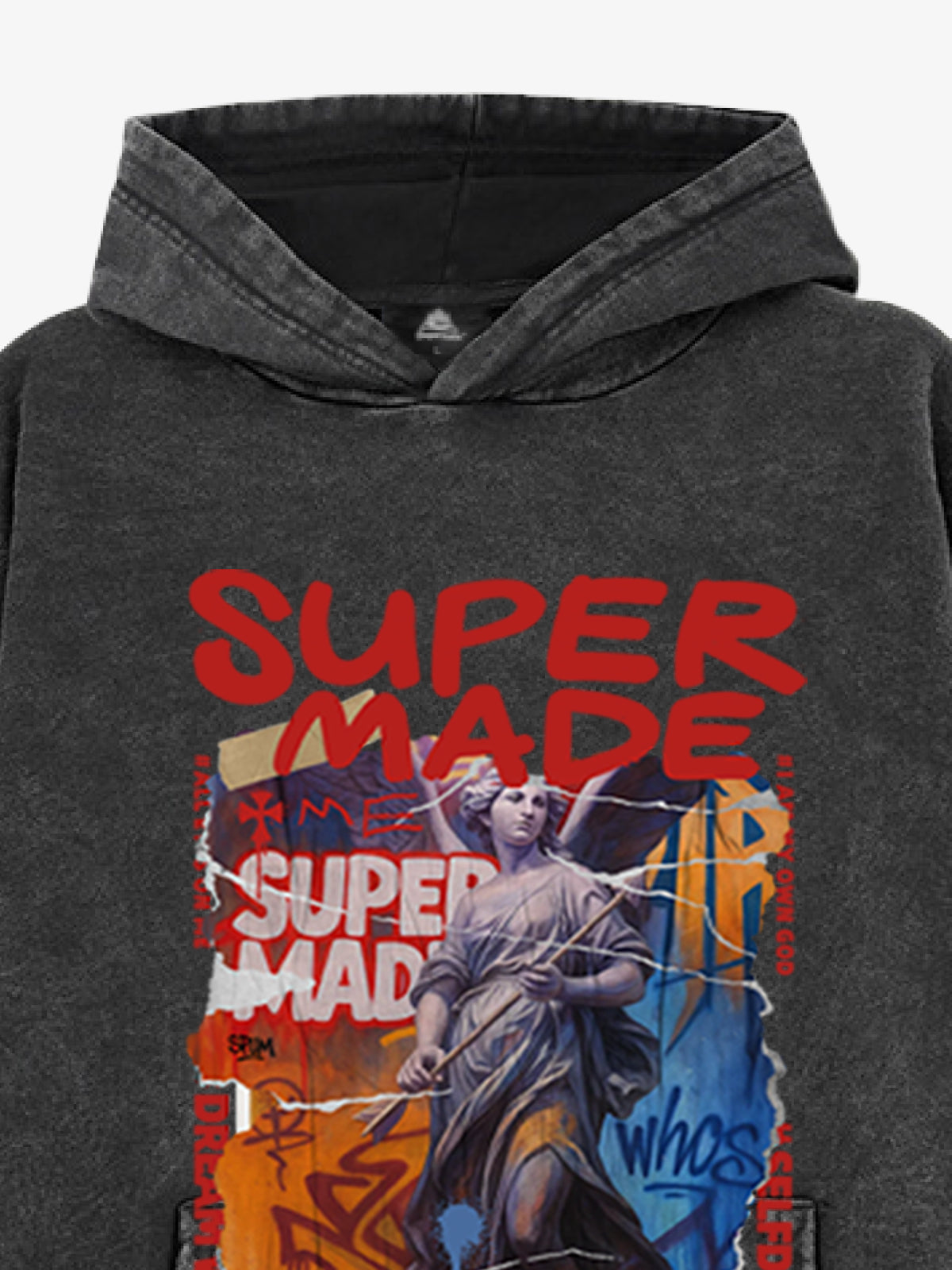 French Terry Vintage Araffiti Cllage Sculpture Hooded Sweatshirt 