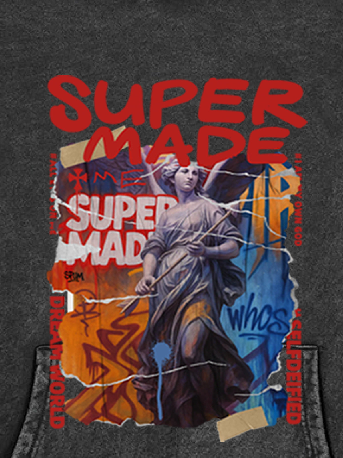 French Terry Vintage Araffiti Cllage Sculpture Hooded Sweatshirt 