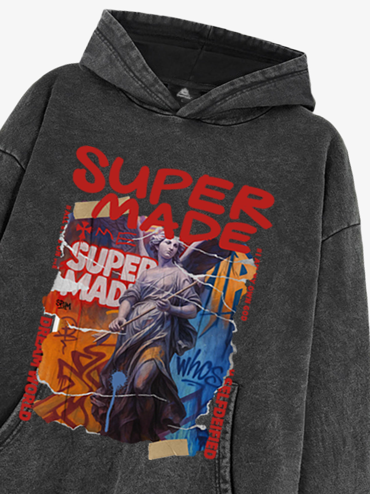 French Terry Vintage Araffiti Cllage Sculpture Hooded Sweatshirt 