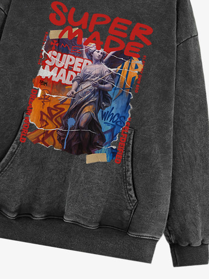 French Terry Vintage Araffiti Cllage Sculpture Hooded Sweatshirt 