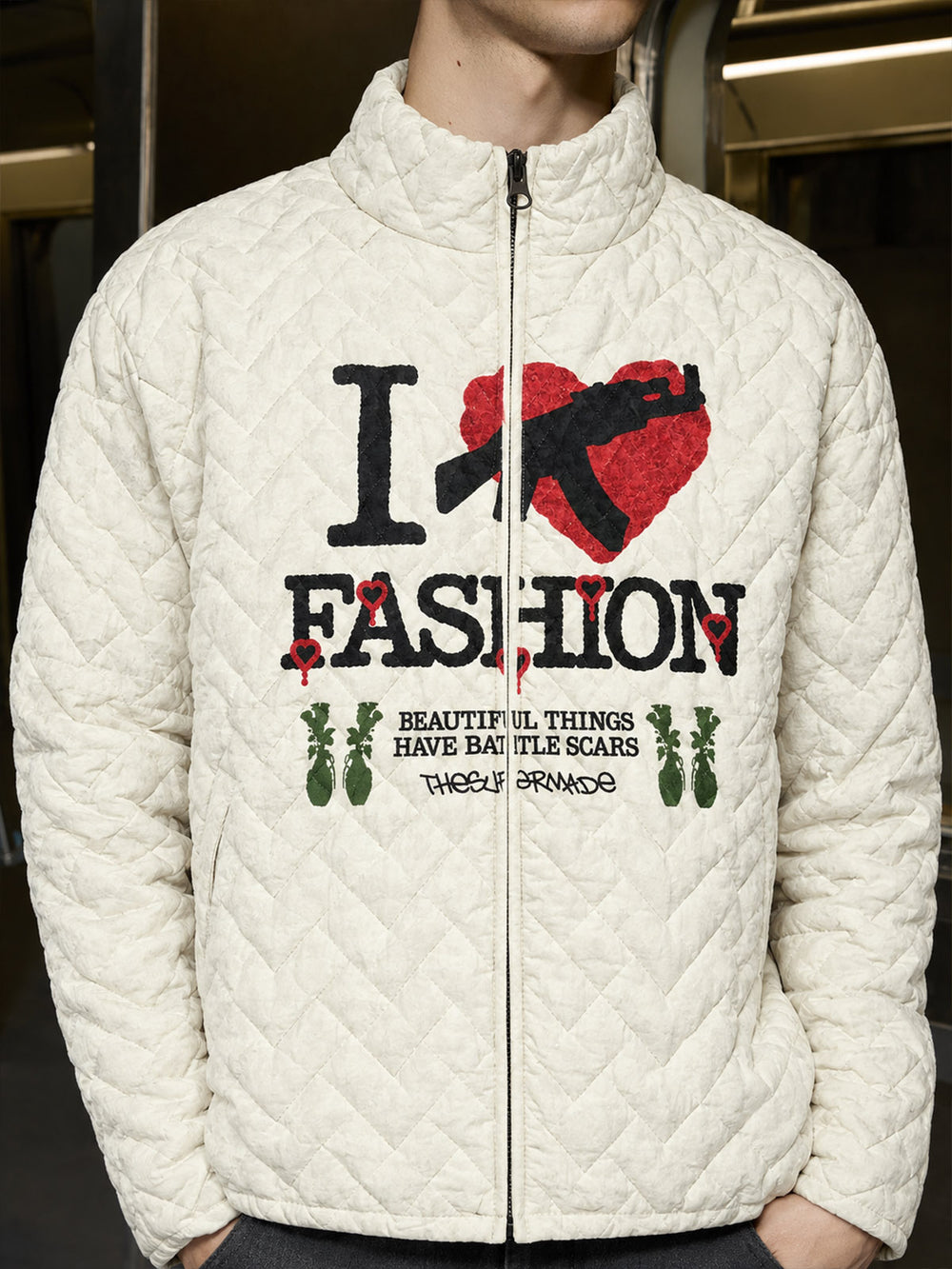Diamond-Quilted Knit Stand-Collar Cropped Padded Coat