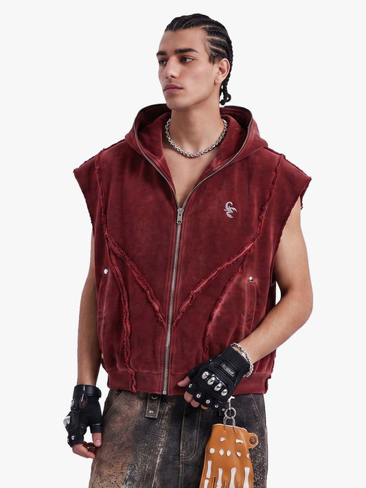 Vintage Distressed Full-Zip Hooded Sleeveless Vest 