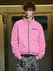 Pink Camo Embroidered Reversible Fleece Stand-Collar Jacket; Camouflage And Pink / S, Camouflage And Pink / M, Camouflage And Pink / L, Camouflage And Pink / XL, Camouflage And Pink / 2XL