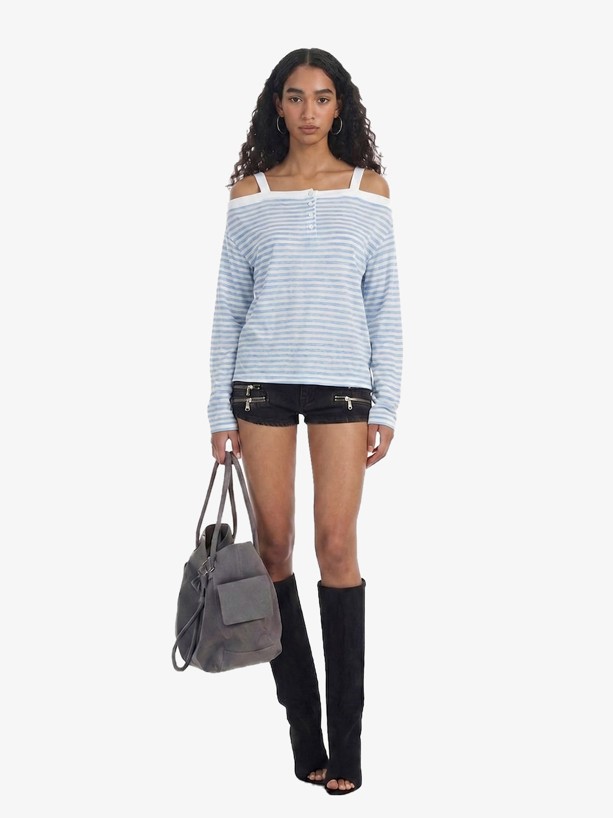 Striped Off-Shoulder Henley T-Shirt 