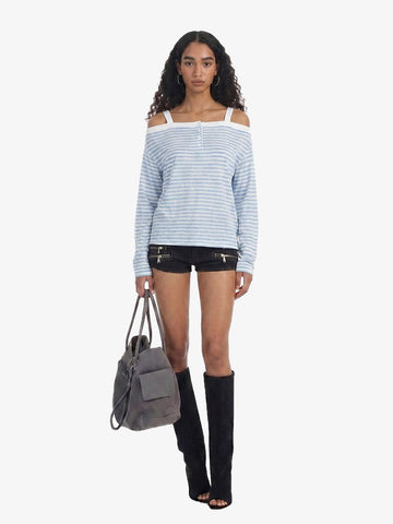 Striped Off-Shoulder Henley T-Shirt 