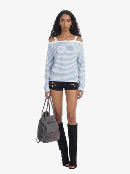 Striped Off-Shoulder Henley T-Shirt 