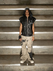 Thorn Destruction Frame Pattern Leather Vest 