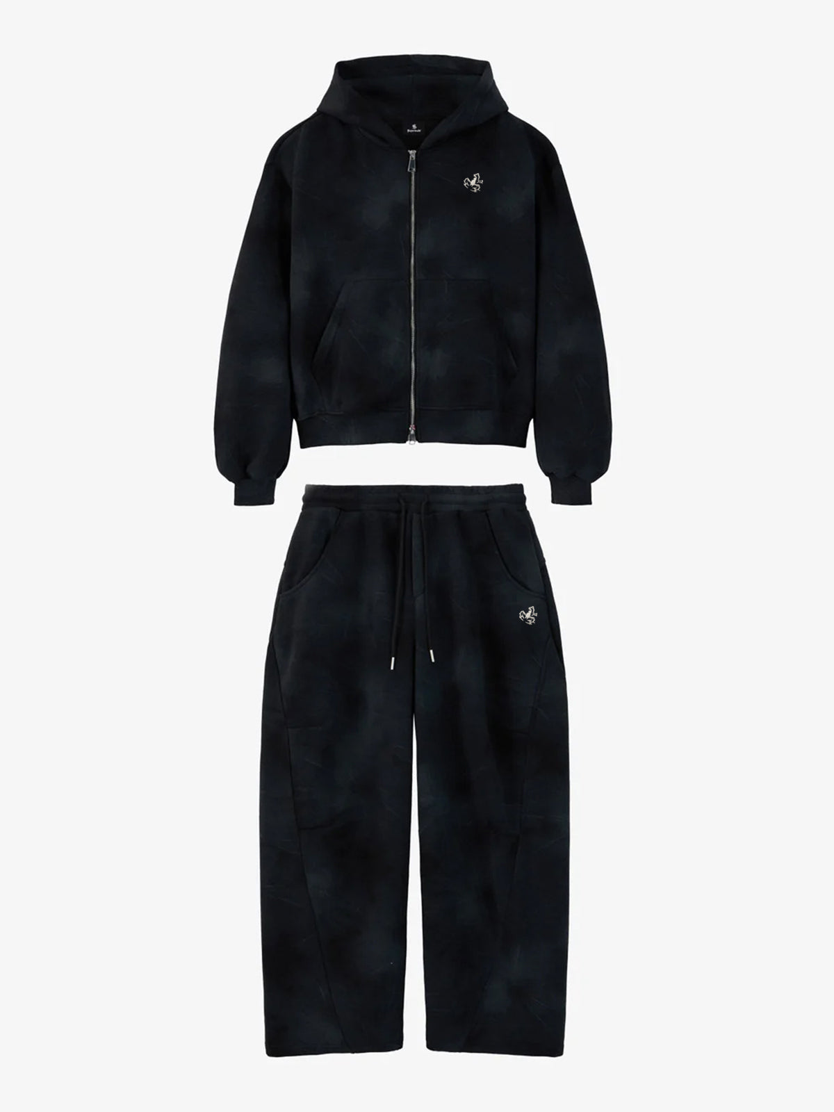 Vintage Washed Tie-Dye Zip Up Hoodie & Barrel Sweatpants Tracksuit 